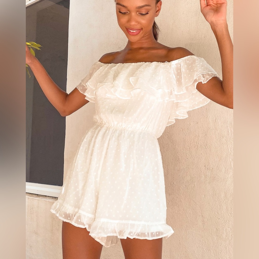 Lulu’s - Frilled to Bits White Swiss Dot Off-the-Shoulder Romper